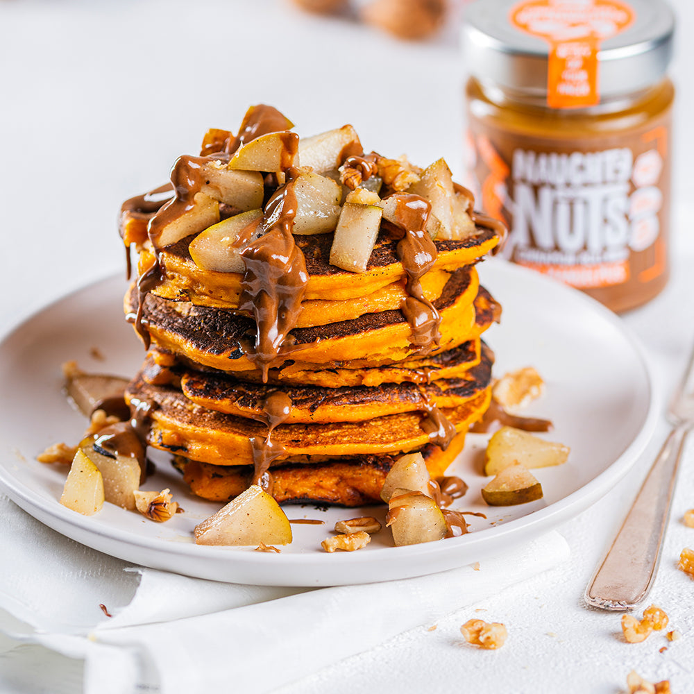 Kürbispancakes mit Birne, Walnüssen und Zimtmus