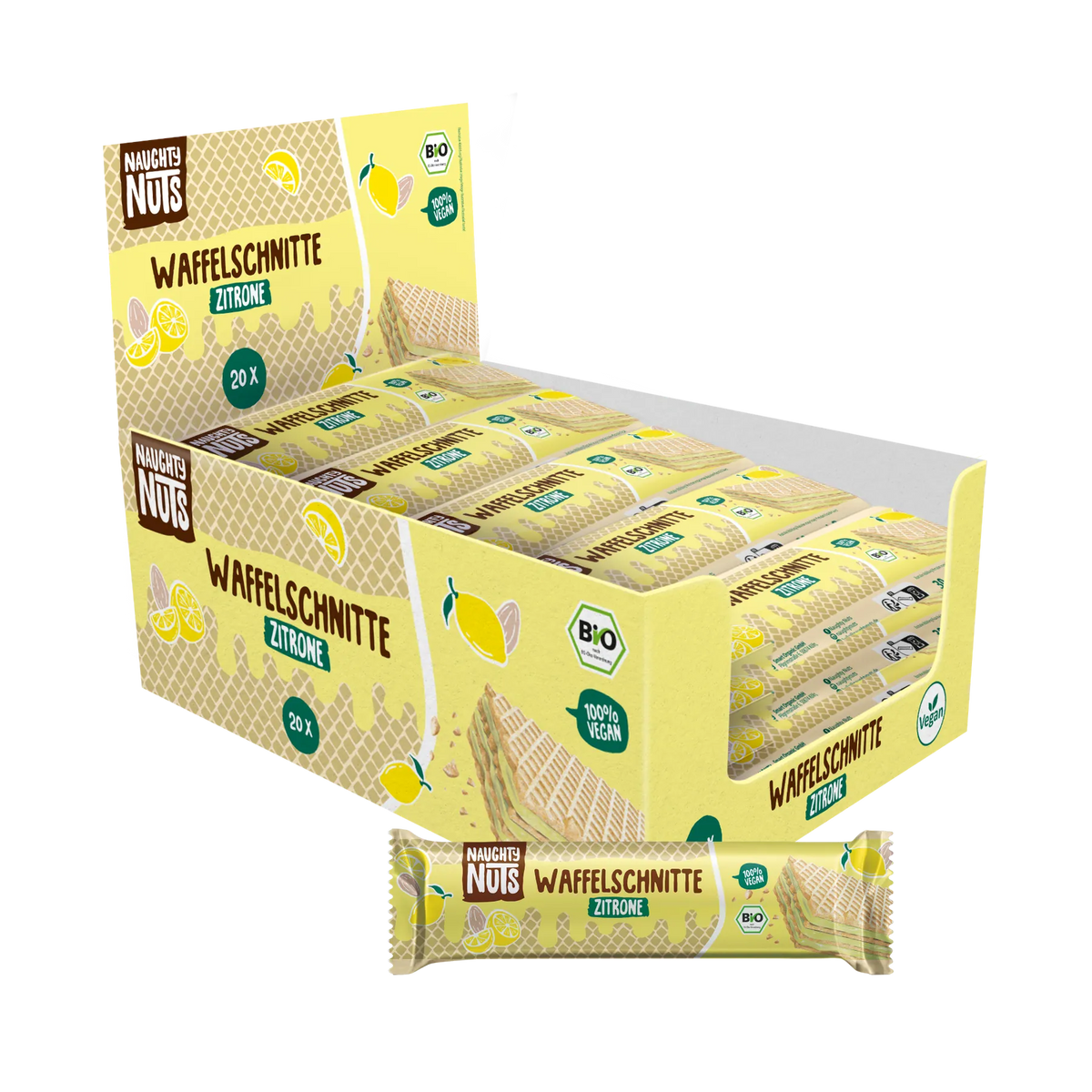 Verkaufsdisplay mit 20 Bio Waffelschnitten Zitrone und einzelner Waffelschnitte davor