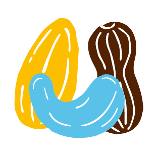 Illustration von drei Nüssen: eine gelbe Mandel, eine blaue Cashewnuss und eine braune Erdnuss